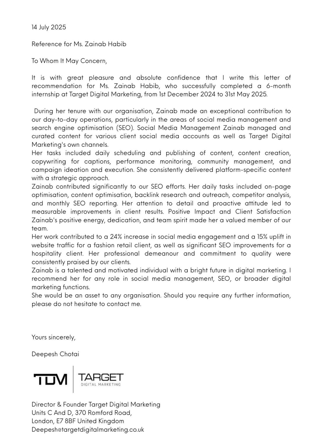 Internship recommendation letter for successful six-month digital marketing internship at Target Digital Marketing